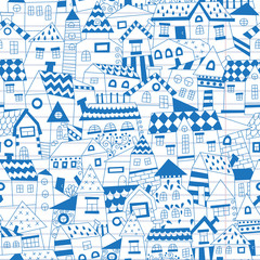 Fototapeta na wymiar Doodle hand drawn town seamless pattern are drawn on a notebook in a ruler. 