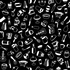 Seamless pattern with different types of cookware. Can be used for textile, website background, book cover, packaging.