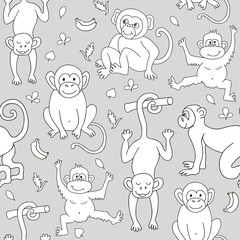 Seamless pattern with monkeys, bananas and leaves. Can be used for textile, website background, book cover, packaging.