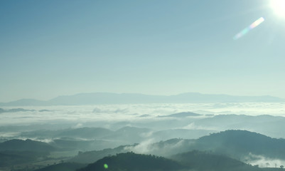 Landscape of mountain with the clouds and fog, Top view of the haze on the mountain, The foggy morning at the mountain.