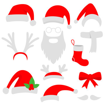 Three red santa hats, horns, mustache, beard and christmas stocking. Vector illustration.