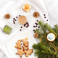  Christmas white background of crumpled cloth with coffee and biscuits