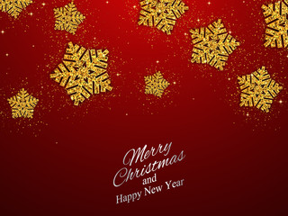 Christmas, New Year background with gold snowflakes. Vector illustration