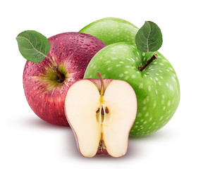 Red and green apples one cut in half with leaf with water drops