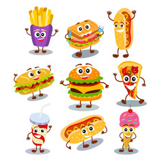 Funny, cute fast food hamburger, sandwich, hot dog, pizza, ice cream, french fries, drink in cup with smiling human face isolated on white background. Vector illustration for your cute design.