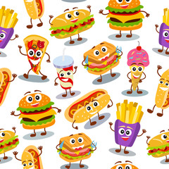 Funny, cute fast food with smiling human face pattern for kids restaurant menu. Texture for wallpaper, fills, web page background.