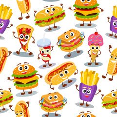 Obraz premium Funny, cute fast food with smiling human face pattern for kids restaurant menu. Texture for wallpaper, fills, web page background.