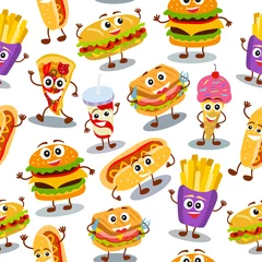 Fotobehang Funny, cute fast food with smiling human face pattern for kids restaurant menu. Texture for wallpaper, fills, web page background. © Marina