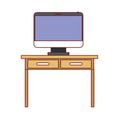 desk table with drawers and desktop computer above in front view colorful silhouette