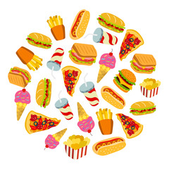 Set of fast food icons in circle shape. Colorful template for you design, web and mobile applications.