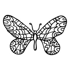 Black doodle decorative ornate butterfly isolated on white background. Beautiful vector design.