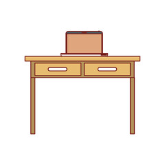 desk table with drawers and laptop computer above in front view colorful silhouette