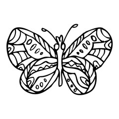 Black doodle decorative ornate butterfly isolated on white background. Beautiful vector design.