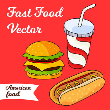 Card with fast food (hamburger, hot dog and soft drink in cup with straw). Colorful template for you design, web and mobile applications.