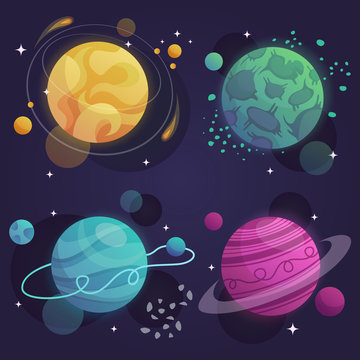 set of cartoon planets in space. vector illustration