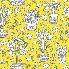 Zelfklevend Fotobehang Seamless pattern doodle plants in pots, floral background. Can be used for textile, website background, book cover, packaging. © Marina
