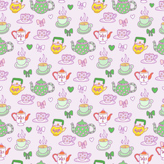 Pattern with teapots and cups. Endless texture for wallpaper, fill,  web page background, surface texture.