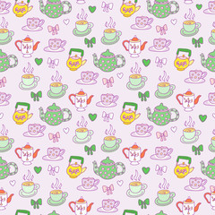 Pattern with teapots and cups. Endless texture for wallpaper, fill,  web page background, surface texture.