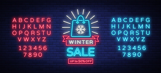 Winter sale of a poster in neon style. Neon sign, bright flyer, glowing banner, night neon advertising on the theme of winter holiday discounts and sales. Vector illustration. Editing text neon sign