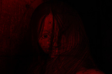 3d illustration of scary ghost woman in the dark,Horror background