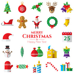 Christmas vector icon set. Icon of bell, stocking, christmas tree, reindeer, present, Santa Claus, snowman. 