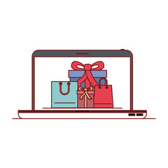 laptop computer front view with gift boxes and shopping bags in screen on colorful silhouette