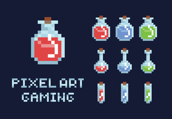 Obraz na płótnie Canvas Set of pixel art potion bottles, red green and blue, health mana game design object