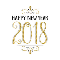 HAPPY NEW YEAR 2018 hand lettered card in gold and black