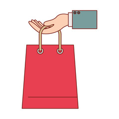 hand holding a trapezoid shopping bag in colorful silhouette