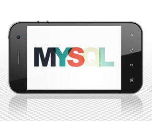 Database concept: Smartphone with Painted multicolor text MySQL on display, 3D rendering