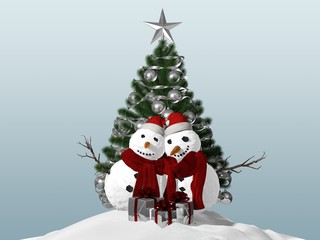 3d illustration of Snowman best friends party for Christmas, joy and happiness giving presents