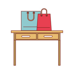 desk table with drawers front view with shopping bags above in colorful silhouette