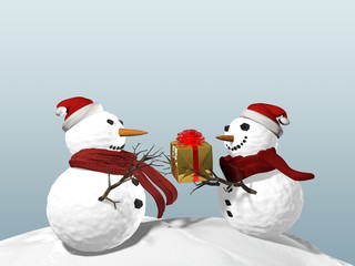 3d illustration of Snowman best friends party for Christmas, joy and happiness giving presents