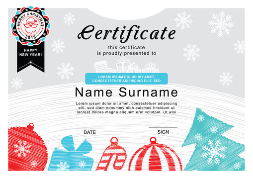 Christmas certificate. Santa on the badge, christmas tree and decoration. Simple draw. Merry Christmas background