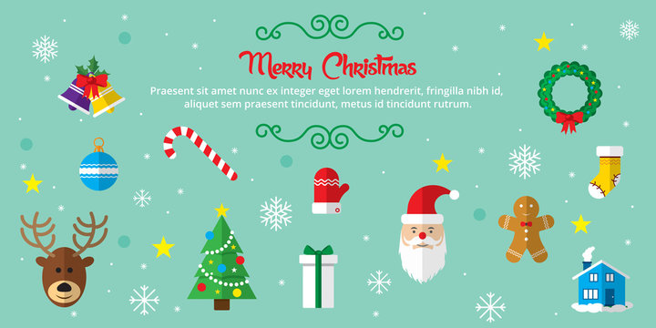 Set of christmas icons in internet banner in vector illustration. Icon of bell, stocking, christmas tree, reindeer, present, Santa Claus, snowman. Template for internet and business.
