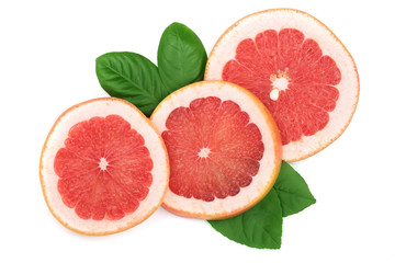 Grapefruit slices with leaves isolated on white background. Top view