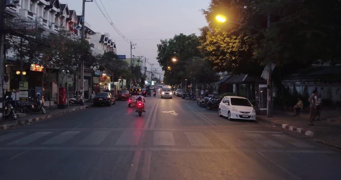 CHIANG MAI, THAILAND, MARCH 2017: Street view drive of Chiang Mai, North Thailand, at night