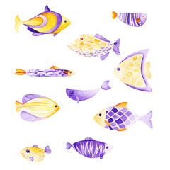 Fototapeta premium Watercolor fish set. Ultra violet and gold colors. For children design, print or background