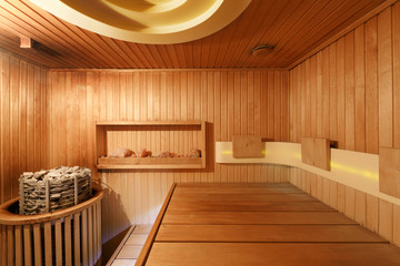 Fototapeta na wymiar Interior of wooden sauna