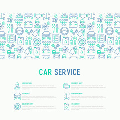 Car service concept with thin line icons of mechanic, computer diagnostics, tools, wheel, battery, transmission, jack. Modern vector illustration for banner, web page, print media.