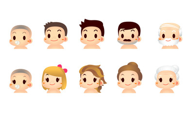 Vector set of aging male and female character isolated on white background.