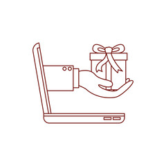 laptop computer and hand holding gift box of purchase online in dark red contour