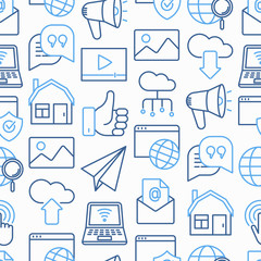 Internet seamless pattern with thin line icons: e-mail, chat, laptop, share, cloud computing, seo, download, upload, stream, global connection. Modern vector illustration.