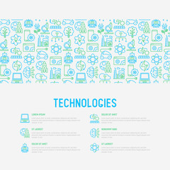 Technologies concept with thin line icons of: electric car, rocket, robotics, solar battery, machine intelligence, web development. Vector illustration, web page template.
