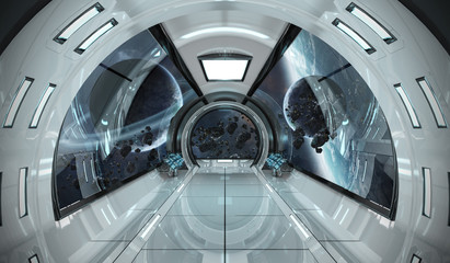 Naklejka premium Spaceship interior with view on planets 3D rendering elements of this image furnished by NASA