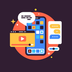 Illustration with smart phone, speech bubble and applications. Vector flat icon.
