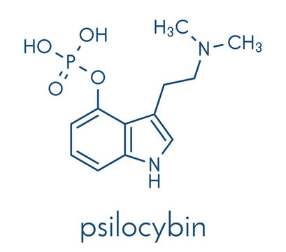 Psilocybin psychedelic mushroom molecule. Prodrug of psilocin. Skeletal formula.