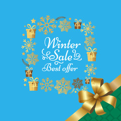 Fototapeta na wymiar Winter Sale Best Offer Poster with Gift Bow Vector