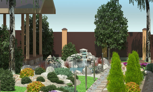 Garden Design. A Small Pond With A Waterfall. Garden Plot.