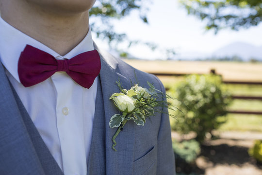 Cropped image of bridegroom wearing suit with boutonniere during wedding